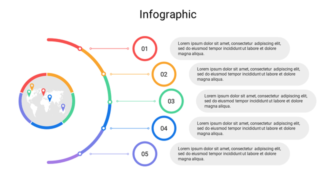 Infographic with five step markers arranged along a path, linked to horizontal boxes, with a world map on the left.