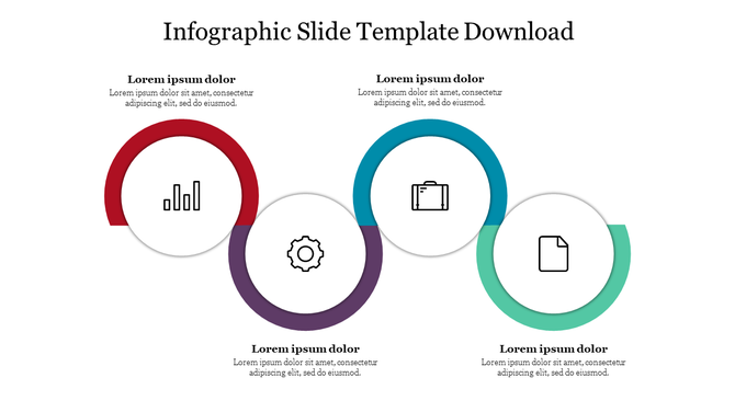 Infographic template featuring four colored rings each with a central icon: bar chart, gear, briefcase, and file.