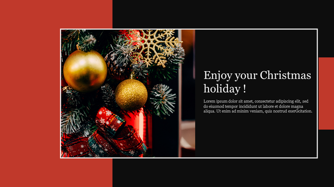 Christmas tree decorated with gold ornaments and a holiday greeting displayed on a black and red background.