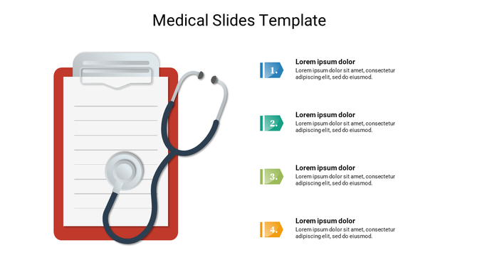 Medical themed Google Slides template featuring a clipboard and stethoscope with four placeholder text sections.
