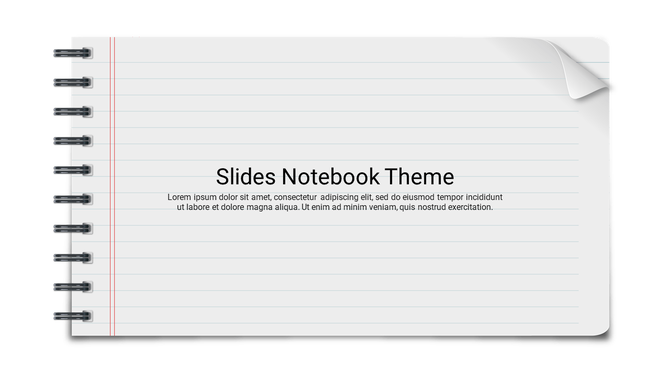 Notebook themed slide with spiral binding and lined pages, featuring text in the center.