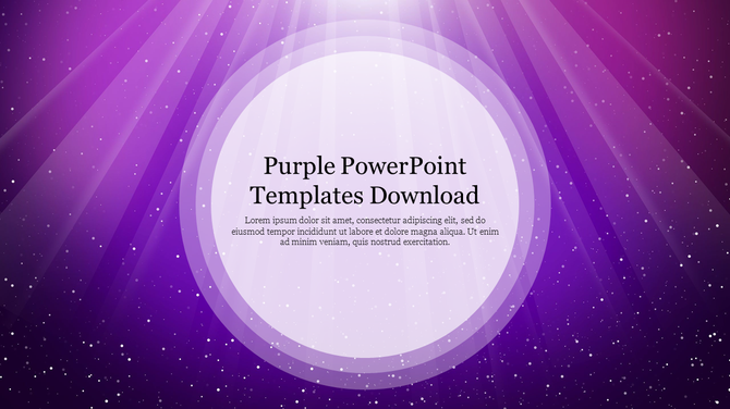Purple themed slide with a spotlight effect purple rays, sparkles and a centered circular text area in a starry background.
