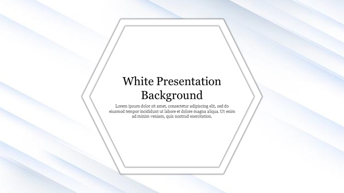 Minimalist slide with a central white hexagon containing text, set against a clean white and soft gradient diagonal backdrop.