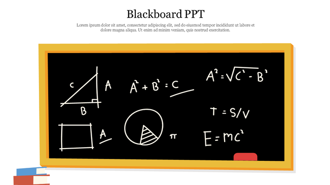 Illustration of a yellow framed blackboard with white geometric diagrams and equations, with a stack of colorful books below.