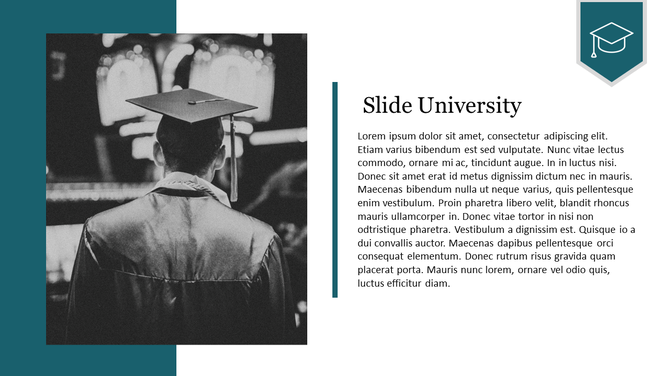 University themed slide featuring a graduate wearing a cap with teal border and placeholder text on the right.