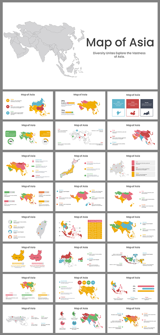 Slide deck with various Asia maps in different color themes, includes data visuals, demographics, and regional highlights.