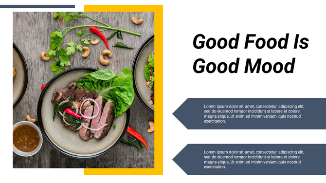 Food themed slide with a plated dish of vegetables and meat on a rustic wooden table and two text boxes on the right.