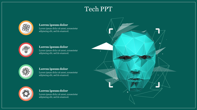 Tech PPT slide with geometric robotic face illustration, showcasing color coded icons with text on a green backdrop.