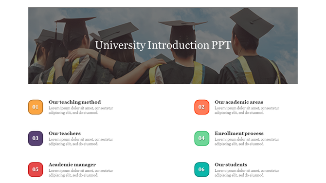 University introduction themed slide showcasing six sections with placeholder text.