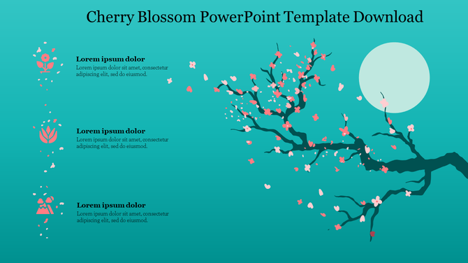 Spring-inspired slide showcasing a cherry blossom tree, floral icons, and text sections on a teal background.