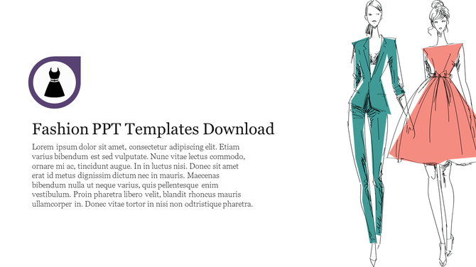 Fashion-themed slide with a colored sketch of two models in stylish outfits and a text area with an icon.