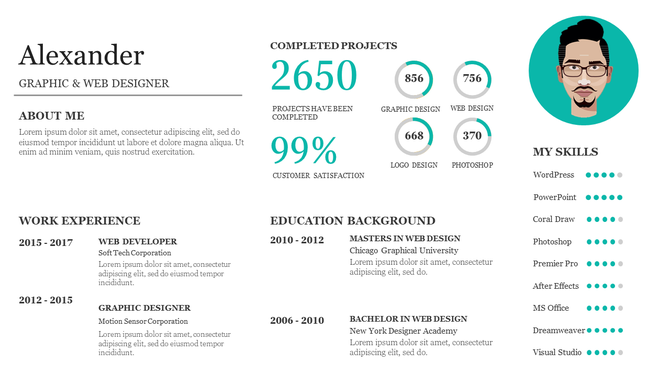 Alexander resume slide showing his work experience, education, completed projects, and skills with an avatar illustration.