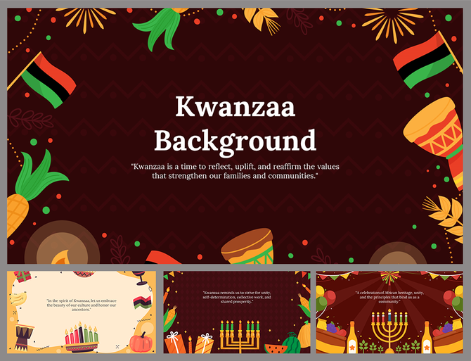 Colorful Kwanzaa PowerPoint background slides with festive African themed decorations, flags, drums, and symbolic fruits.