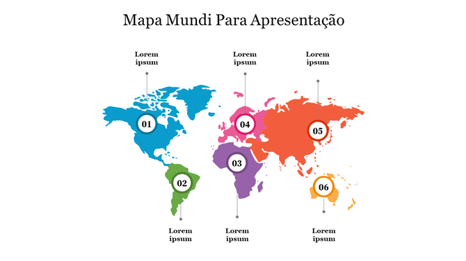 Mapa mundi para apresentacao with numbered regions, each displaying a placeholder text on a colorful, interactive map.