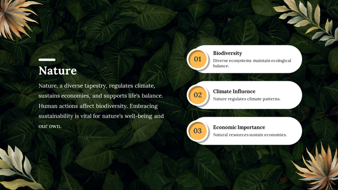 Nature slide with leaf background, left-aligned text block, and three boxes on the right showing numbered benefits of nature.
