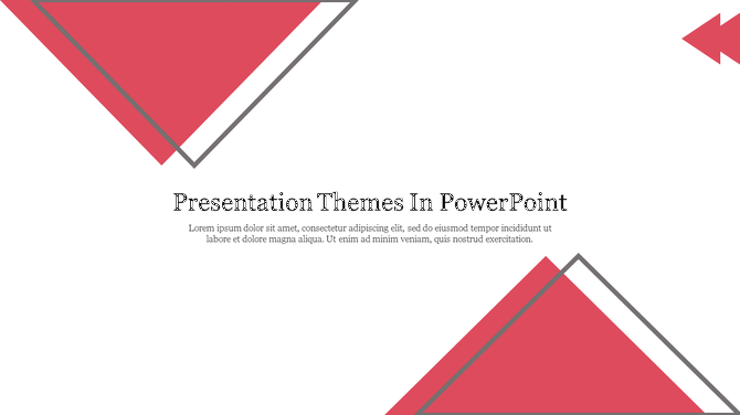 Geometric themes slide with abstract red triangles on opposite corners and central black text for title and subtitle.