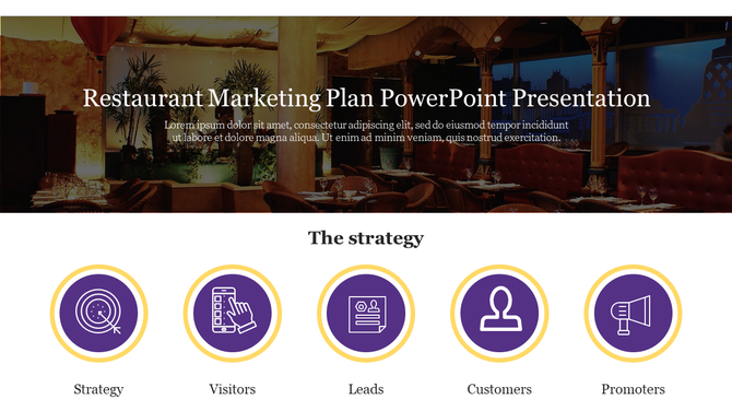 Restaurant Marketing Plan slide with an elegant dining setting and purple icons representing five sections.