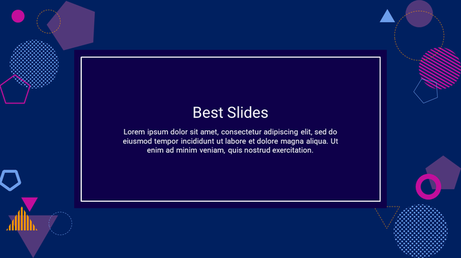 Colorful slide design with geometric shapes in various colors on a deep blue background, and a a centered text box.
