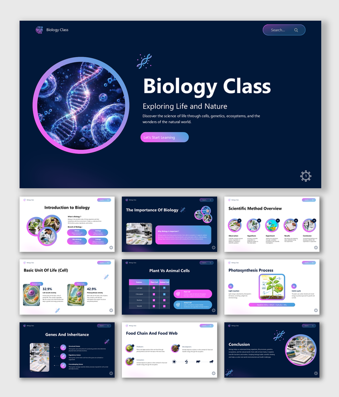 Modern biology presentation template featuring DNA, cells, genetics, photosynthesis, and classroom science concepts.