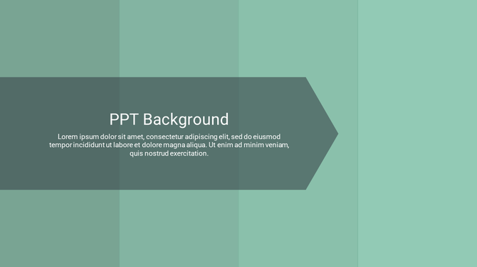 Minimal design slide with layered green background and a central arrow banner holding title and placeholder text.