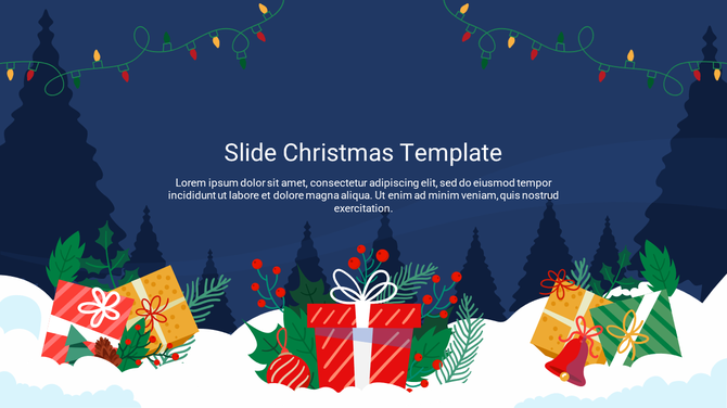 Christmas themed slide design with wrapped presents, pine branches, and lights on a blue night backdrop.