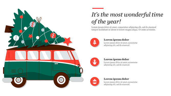 A holiday themed PowerPoint template featuring a Christmas tree on top of a green van with icons and placeholder text.