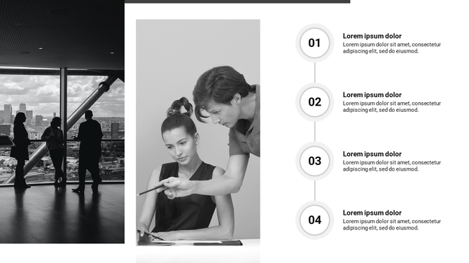 Google slide with city view and collaboration photos on the left, and a step-by-step process in white circles on the right.