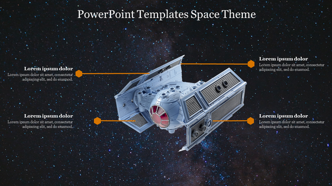 PowerPoint template with a space theme, featuring a spaceship and text placeholders on a starry background.