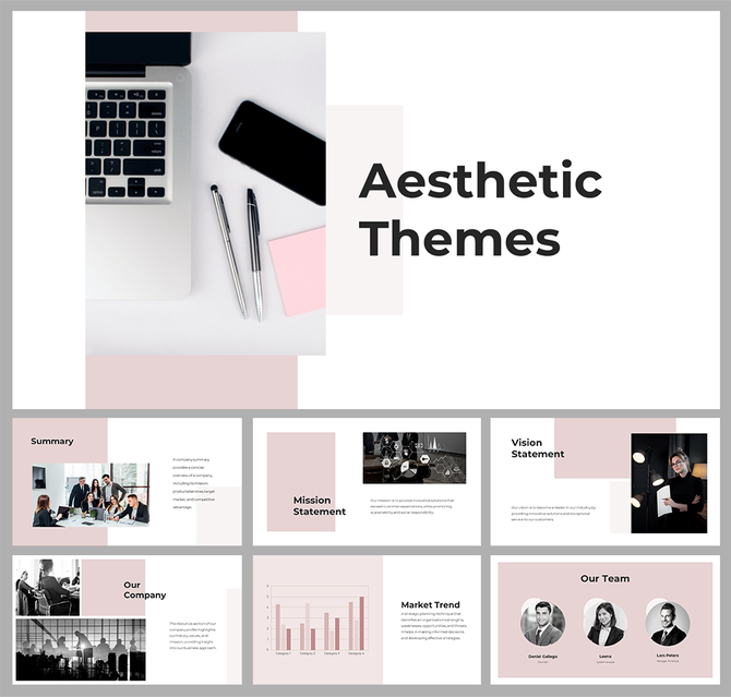 Aesthetic PowerPoint theme slides featuring a clean layout with a mix of images and pink design accents.