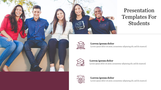 Student themed slide with a cheerful group of students and three icons representing education and learning.