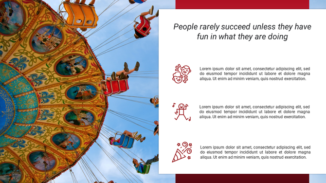 Bright carousel ride with swinging seats on the left side, paired with a motivational quote and fun-themed icons.