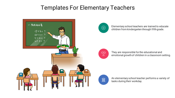 Illustration of a teacher pointing to a chalkboard with children seated at desks, and three circular icons with captions.
