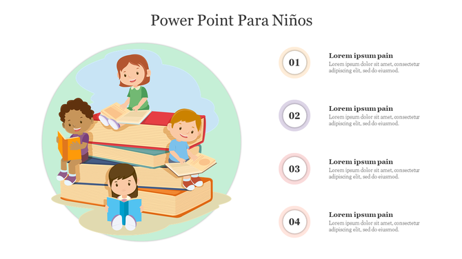 Power Point Para Niños educational slide layout showing five children reading in a playful book scene with four text areas.