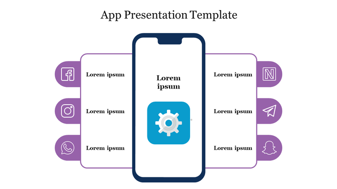 App presentation slide featuring a smartphone mockup with a gear icon in the center, surrounded by social media icons.