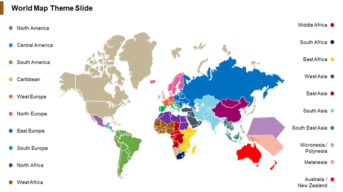World map with regions color coded by continent and subregion, including North America, East Asia, and Australia.