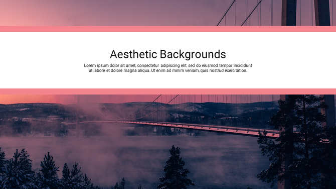 Aesthetic template showing a fog-covered bridge and forest under pink light, with text box containing placeholder content.