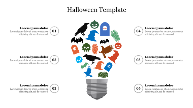 Creative Halloween infographic featuring a bulb made of spooky icons and six content sections evenly spaced around it.