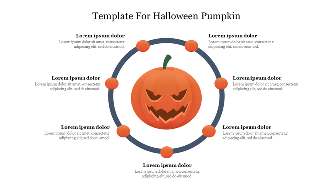 Halloween themed slide with a circular layout featuring a pumpkin in the center and smaller pumpkins around it with text.