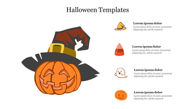 Halloween design featuring a pumpkin with a witch hat and four spooky icons with text on the right.