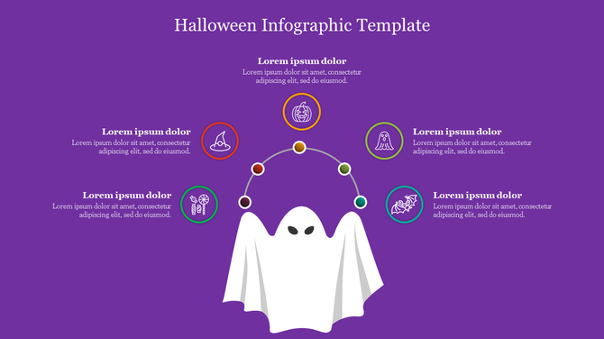 Halloween themed infographic PowerPoint template featuring a ghost and colorful icons on purple theme symbols.