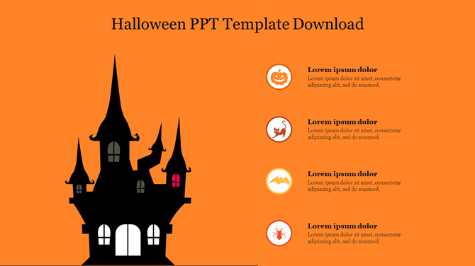 Halloween template with a silhouetted haunted house and four icons with text, on an orange background.