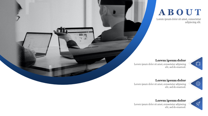 About slide with photo of people working on laptops, curved blue overlay, and three caption boxes with icons on the right.