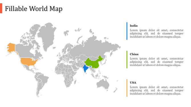 Gray world map with orange, green, and blue highlighted countries, with matching vertical text boxes on the right.