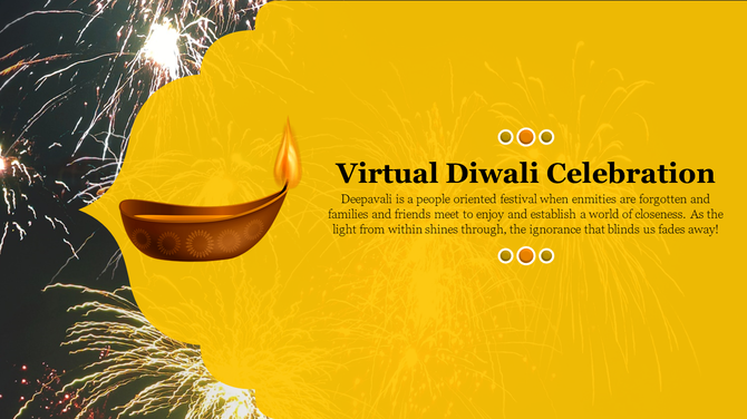 Diwali themed slide with a fireworks background, a diya icon, and a greeting message, on a warm yellow backdrop.
