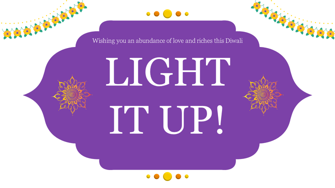 Diwali themed PowerPoint slide with a purple background and floral accents, featuring the message on a white theme.