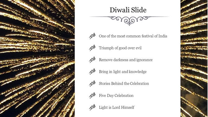 Festive Diwali slide featuring a golden firework background and bullet points describing the significance and stories.