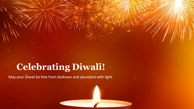 Bright Diwali slide with golden fireworks across the top and a candle flame at the bottom center on an orange red background.
