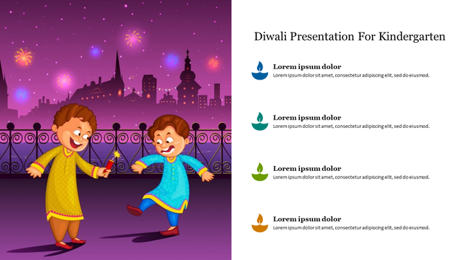 Diwali presentation template for kindergarten with colorful illustrations alongside placeholder text.