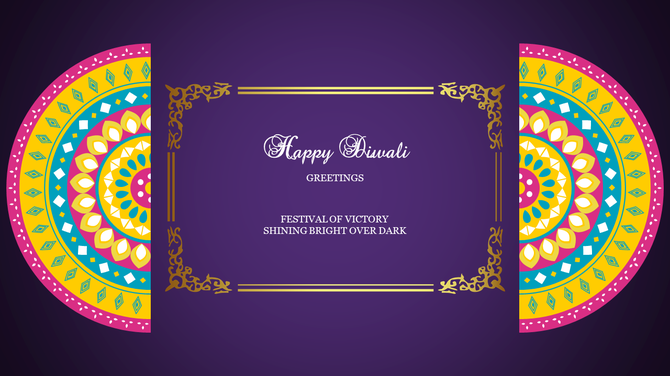 Diwali greeting slide with vibrant mandala designs on both sides and the message in elegant font on a purple backdrop.