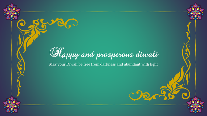 Festive Diwali card design with floral corner elements in purple and gold, framing a central teal gradient background.